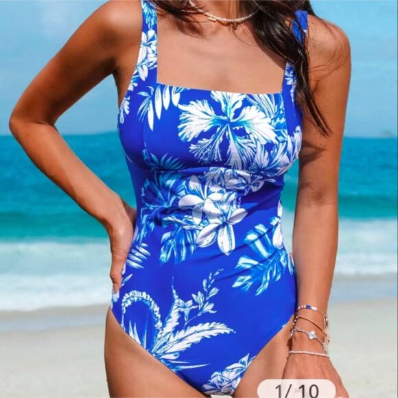 NWT Cupshe Royal Blue Tropical Floral Print One-Piece Swimsuit Size‎ Medium - Picture 1 of 4